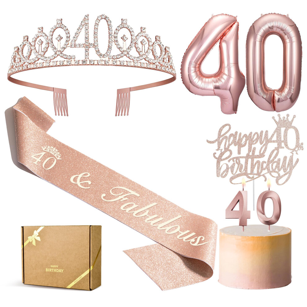 PHD CAKE 40th Birthday Gifts for Women  Including 40th Birthday Crown/Tiara  Sash  Cake Topper  40 Number Balloon and Birthday Candles  40th Birthday