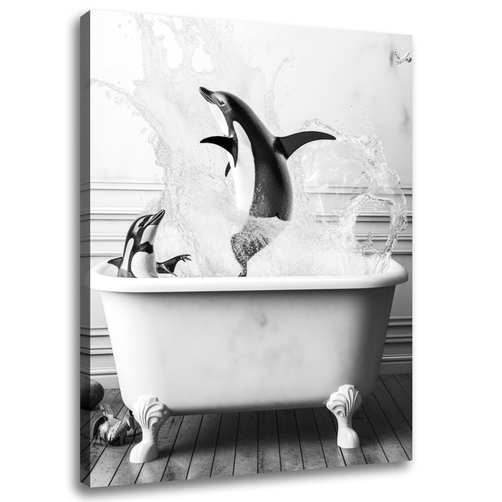 Funny Bathroom Wall Decor  Modern Wrapped Canvas Prints  Cute Penguin Frolic in Bathtub Bathroom Poster Decor  Black and White Canvas Wall Art Picture