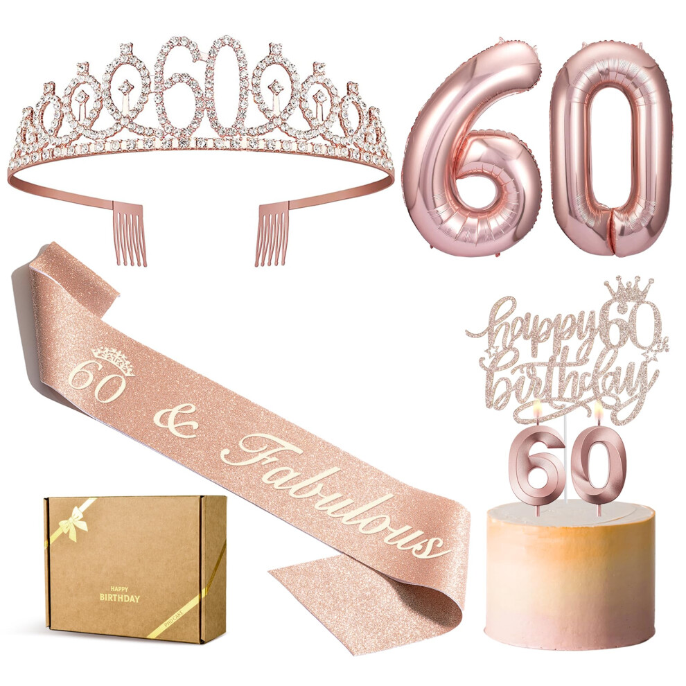 PHD CAKE 60th Birthday Decorations Women  Including 60th Birthday Crown/Tiara  Sash  Cake Topper  60 Number Balloon and Birthday Candles  Happy 60th B