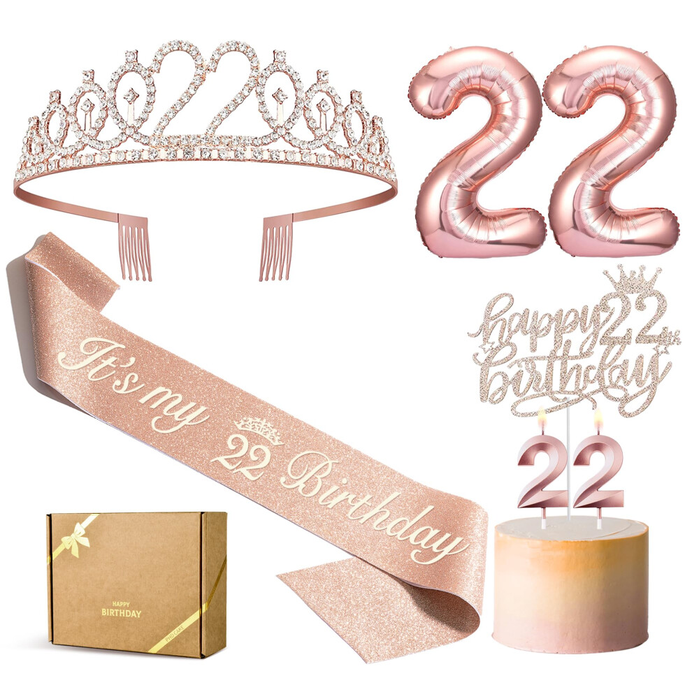 PHD CAKE 22nd Birthday Decorations for her  Including 22th Birthday Crown/Tiara  Sash  Birthday Candles  22 Number Balloon
