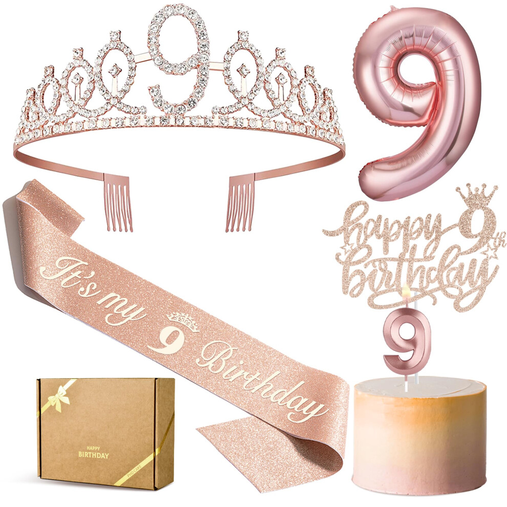 PHD CAKE 9th Birthday Decorations for Girls  Including 9th Birthday Crown/Tiara  Sash  Birthday Candles  9 Number Balloon