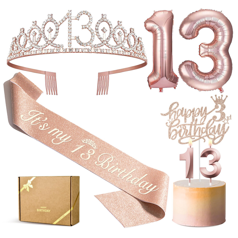 PHD CAKE 13th Birthday Decorations for Girls 13th Birthday Sash  Tiara  Birthday Candles Cake Toppers  13 Number Balloon  Rose Gold 13 Birthday Decora