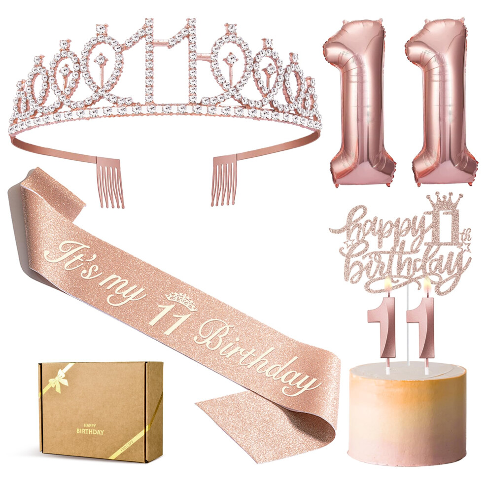 PHD CAKE 11th Birthday Decorations for Girls  Including 11th Birthday Crown/Tiara  Sash  Birthday Candles  11 Number Balloon