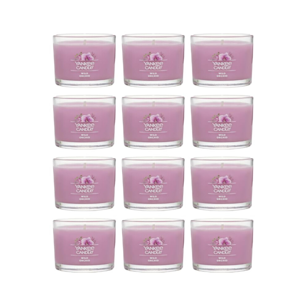 Yankee Candle Signature Votive Mini Candle Jar  Wild Orchid Scent  Natural Soy Wax Blend Candle with Natural Fiber Wick  1.3 OZ Glass Jar (Pack of 12)