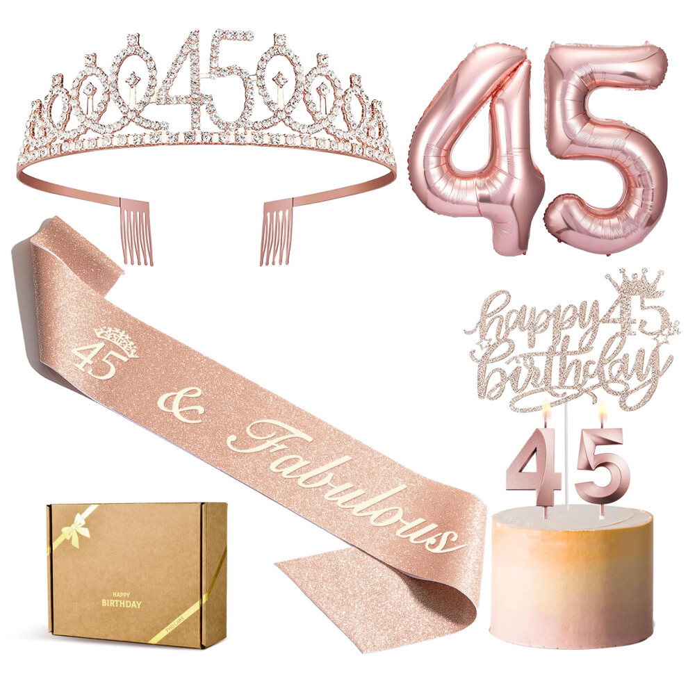 PHD CAKE 45th Birthday Decorations for women  Including 45th Birthday Crown/Tiara  Sash  Birthday Candles  45 Number Balloon