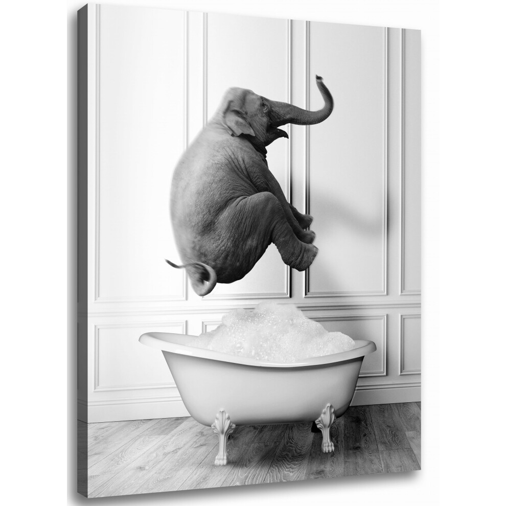 Gongyuanyihao Arts Elephant Jump in Bathtub Wall art  Funny Animal Canvas Print Picture for Bathroom Bedroom  Modern Wrapped Canvas Prints  Black and