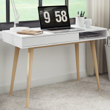 White Desk Mid Century Modern Wooden Desk with Drawer Small Mid Century Office Computer Desk White Makeup Table  by Artswish