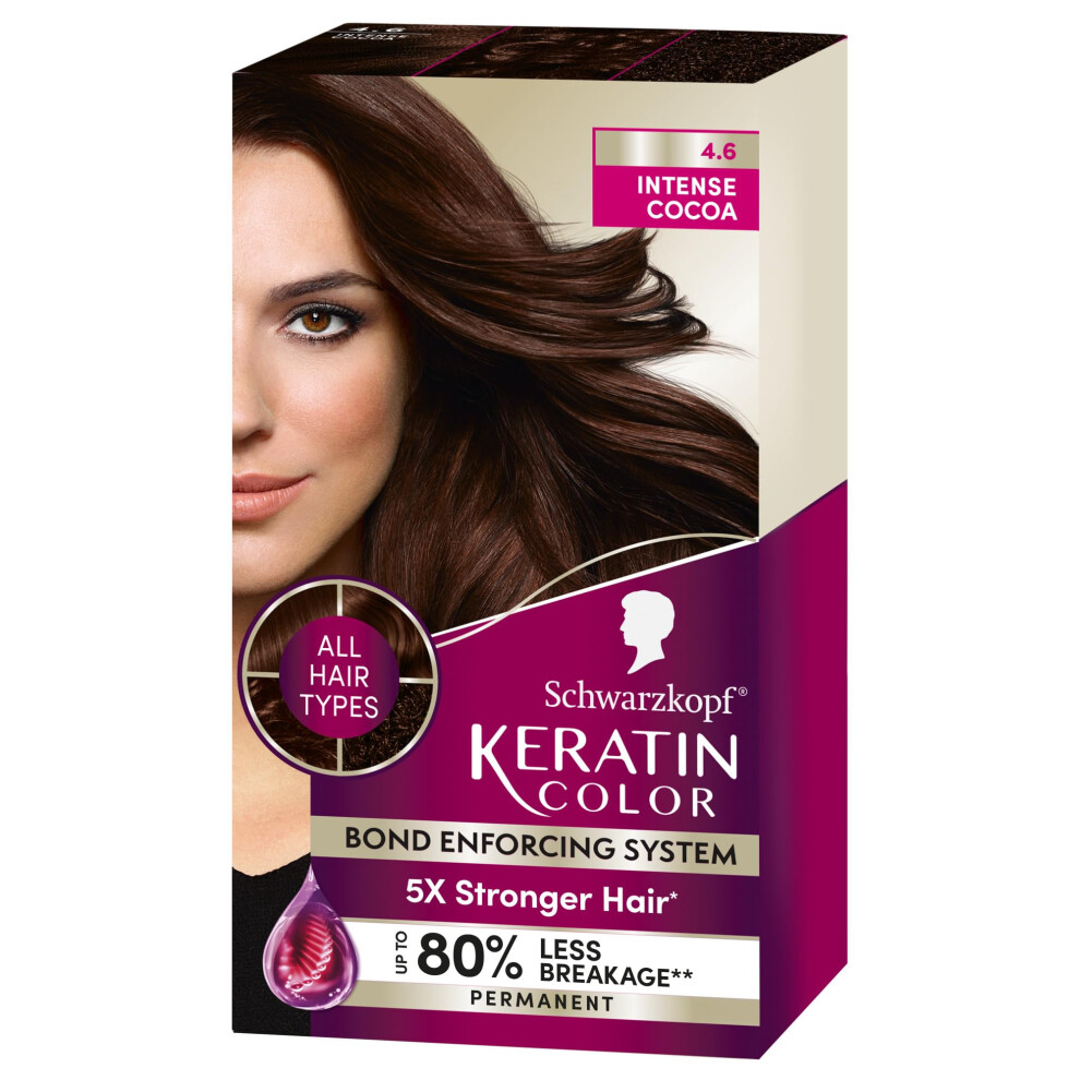 Schwarzkopf Keratin Color Permanent Hair Color  4.6 Intense Cocoa  1 Application - Salon Inspired Permanent Hair Dye  for up to 80% Less Breakage vs U