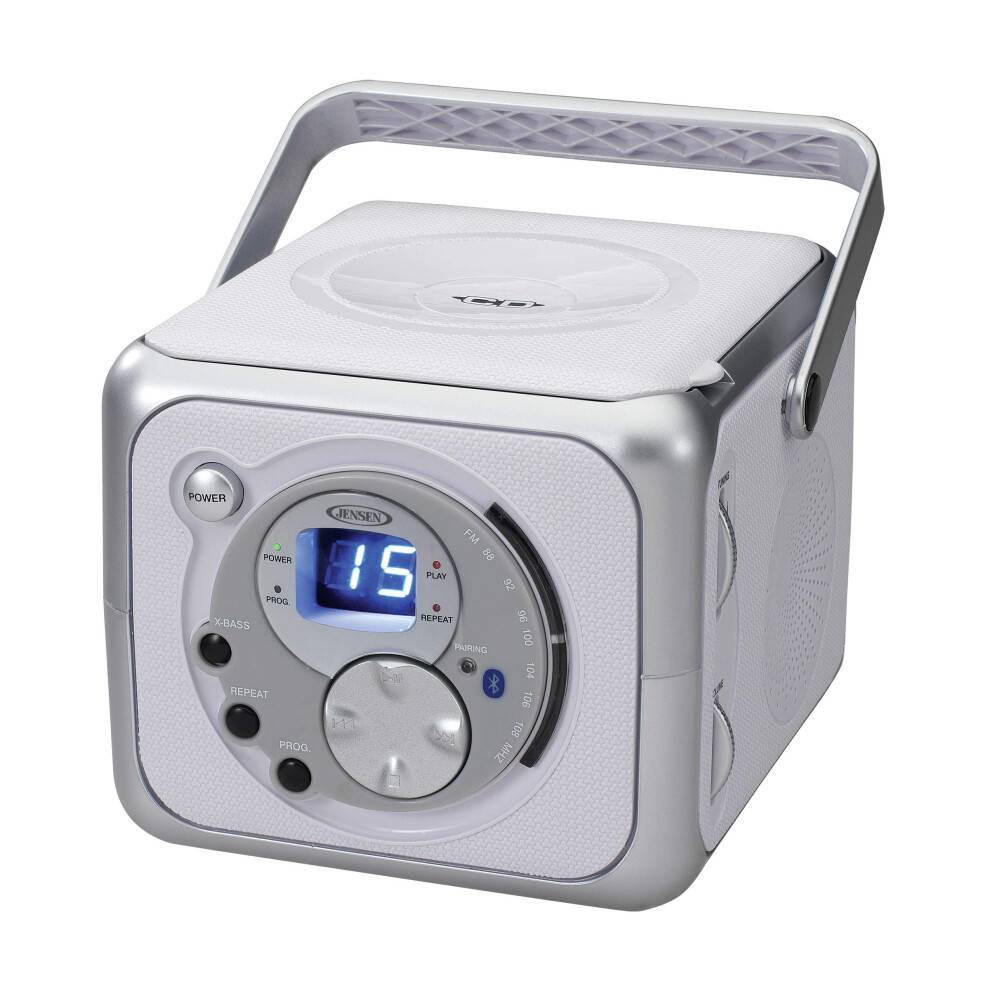 Jensen FM Stereo CD555 Bluetooth Boombox  Silver  7.00 x 9.75 x 6.00 inches