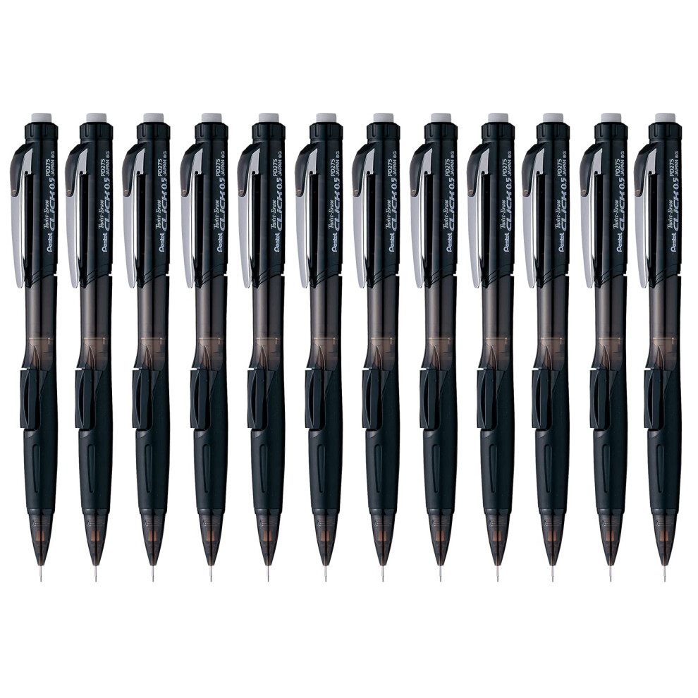 Pentel Twist Erase CLICK Mechanical Pencil  Pack of 12  0.5mm  Clear Barrel  Black Grip (PD275TA)