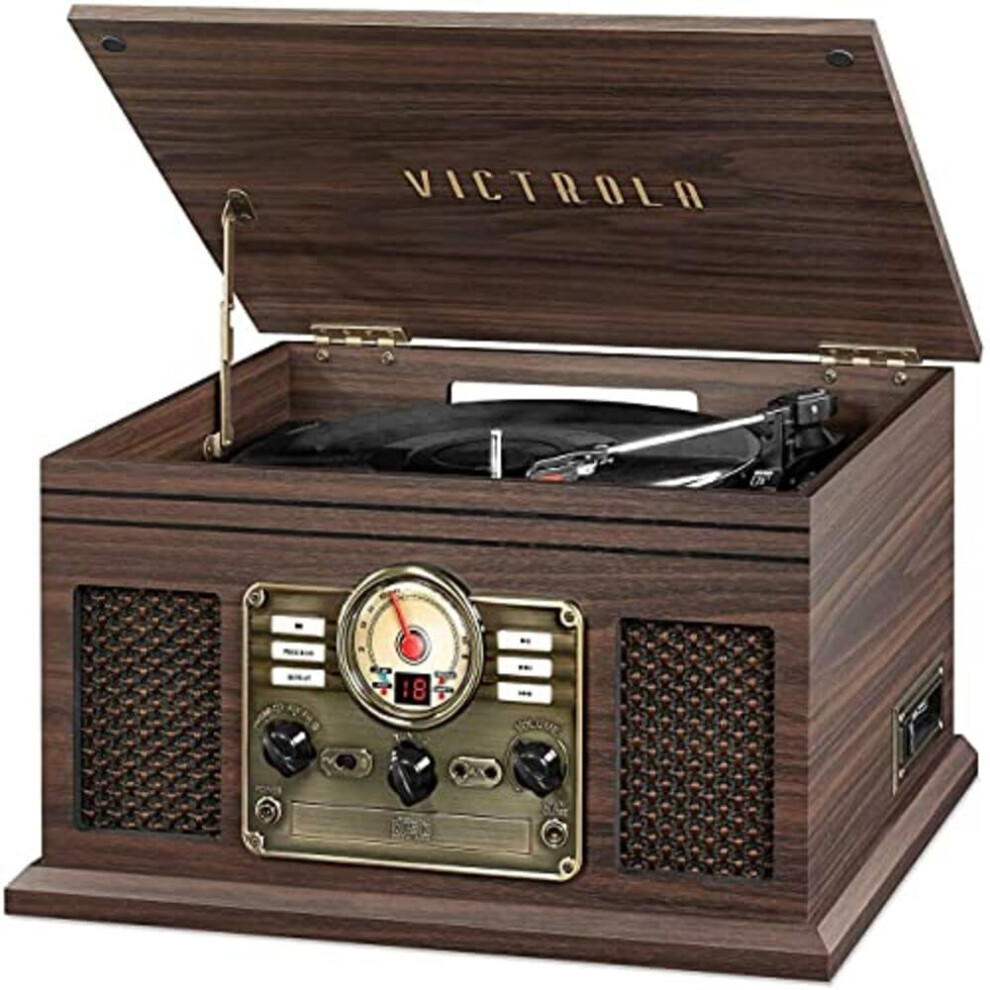 Victrola Nostalgic 6-in-1 Bluetooth Record Player & Multimedia Center with Built-in Speakers - 3-Speed Turntable  CD & Cassette Player  AM/FM Radio |