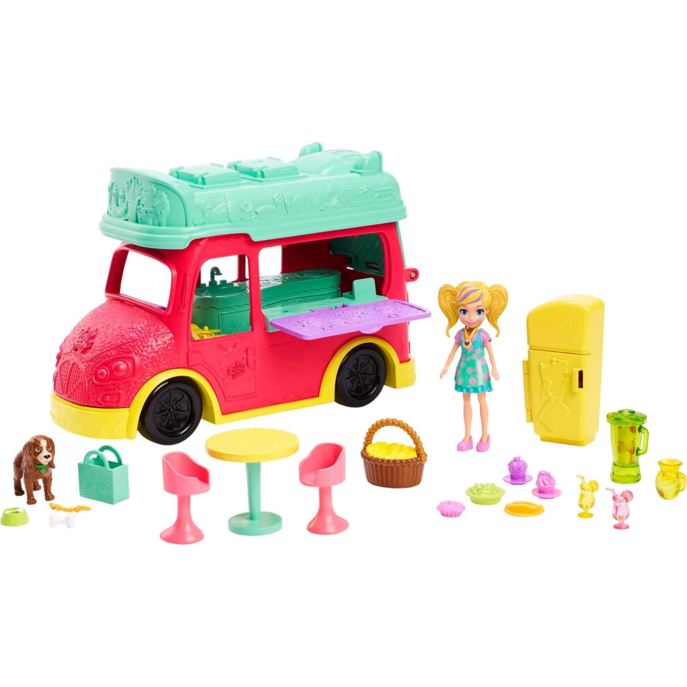 Polly Pocket Playset with 3-inch Doll  Pet Puppy & Food Accessories  Swirlin' Smoothie Truck Transforming Vehicle Toy