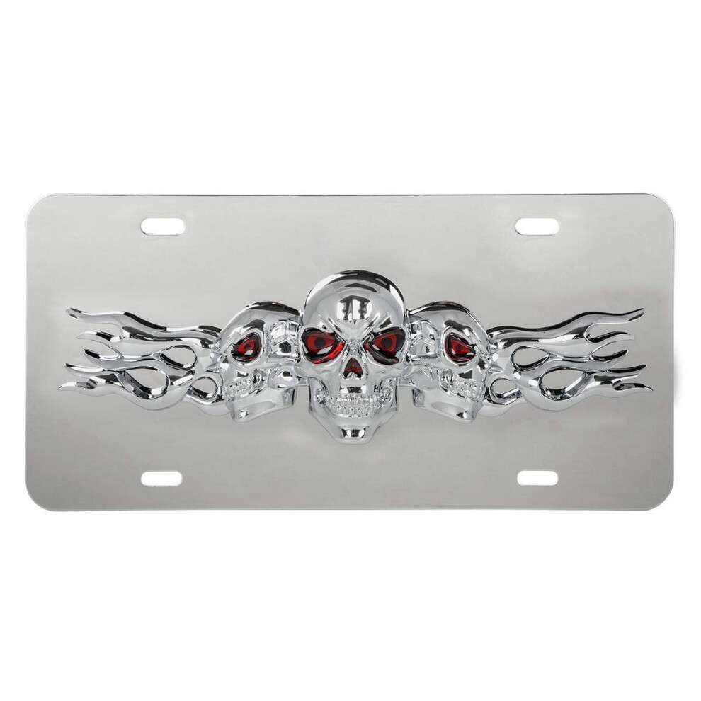 Gg Grand General 60288 Stainless Steel License Plate W/ 3D Small Skulls Emblem 4 Holes Chrome 760479602883