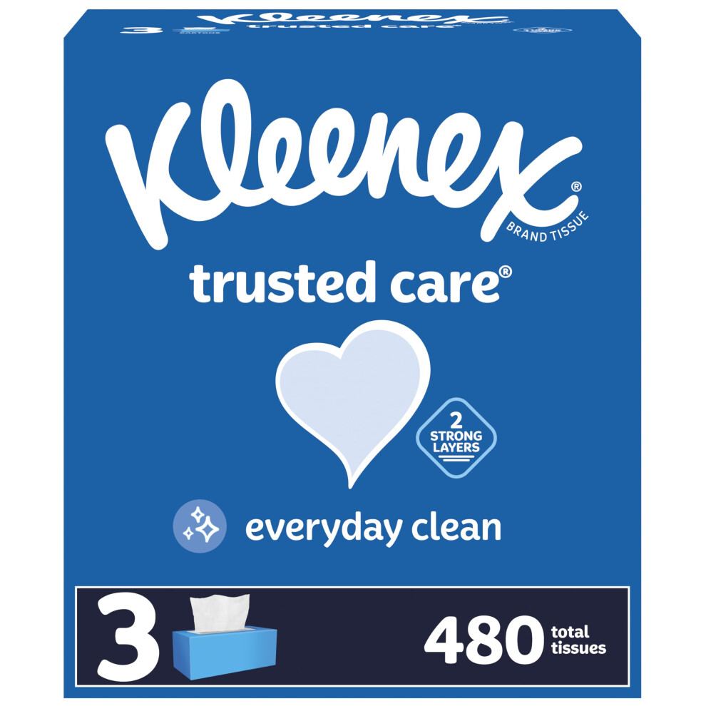 Kleenex Trusted Care Facial Tissues  3 Flat Boxes  160 Tissues per Box  2-Ply (480 Total Tissues)  Packaging May Vary