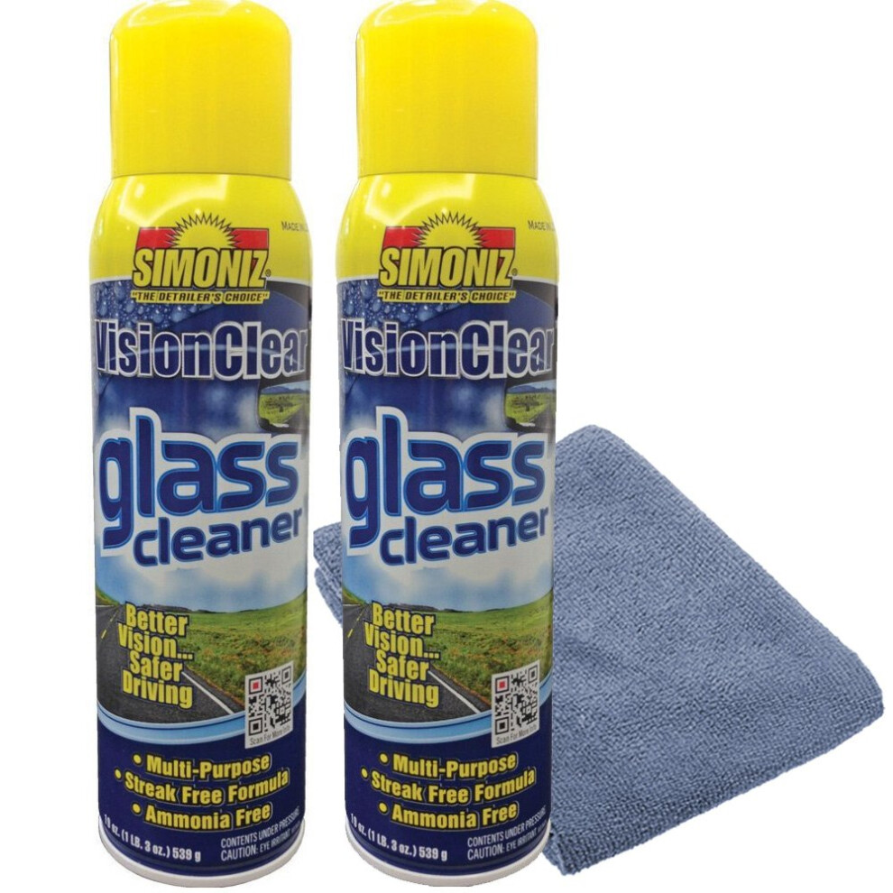 Simoniz Vision Clear Glass Cleaner Streak Free (2-pack) 19oz + LARGE Microfiber Polish Cloth COMBO