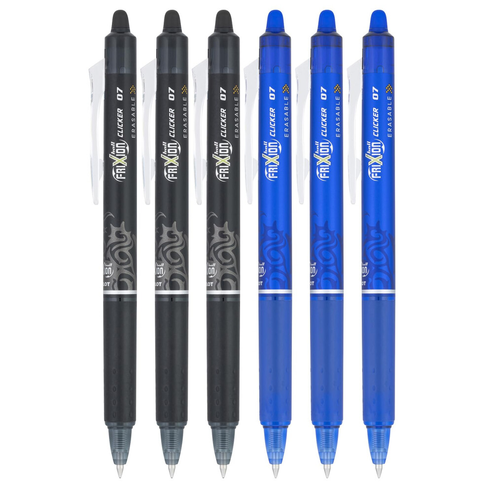 Pilot FriXion Clicker 0.7mm  Erasable Gel Pens  Fine Point (6-Pack  Black/Blue)