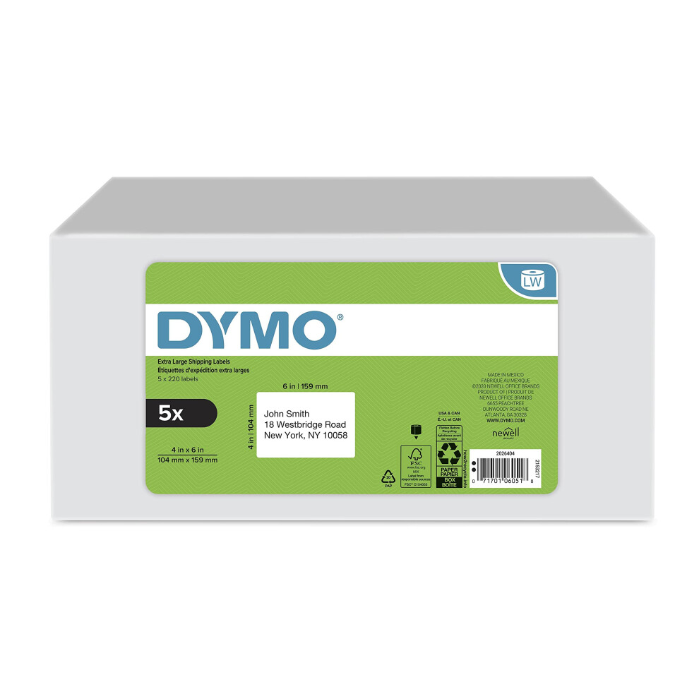 DYMO Authentic LW Extra-Large Shipping Labels for LabelWriter Label Printers  White  4"" x 6""  5 Rolls of 220 (1100 Total)