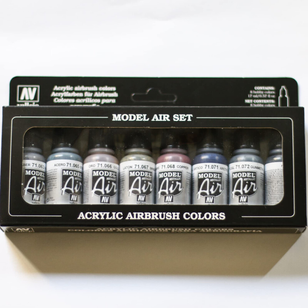 Acrylicos Vallejo Metallic Colors Model Air Paint Set  1/2 Fl. Oz. Bottles  8 Colors