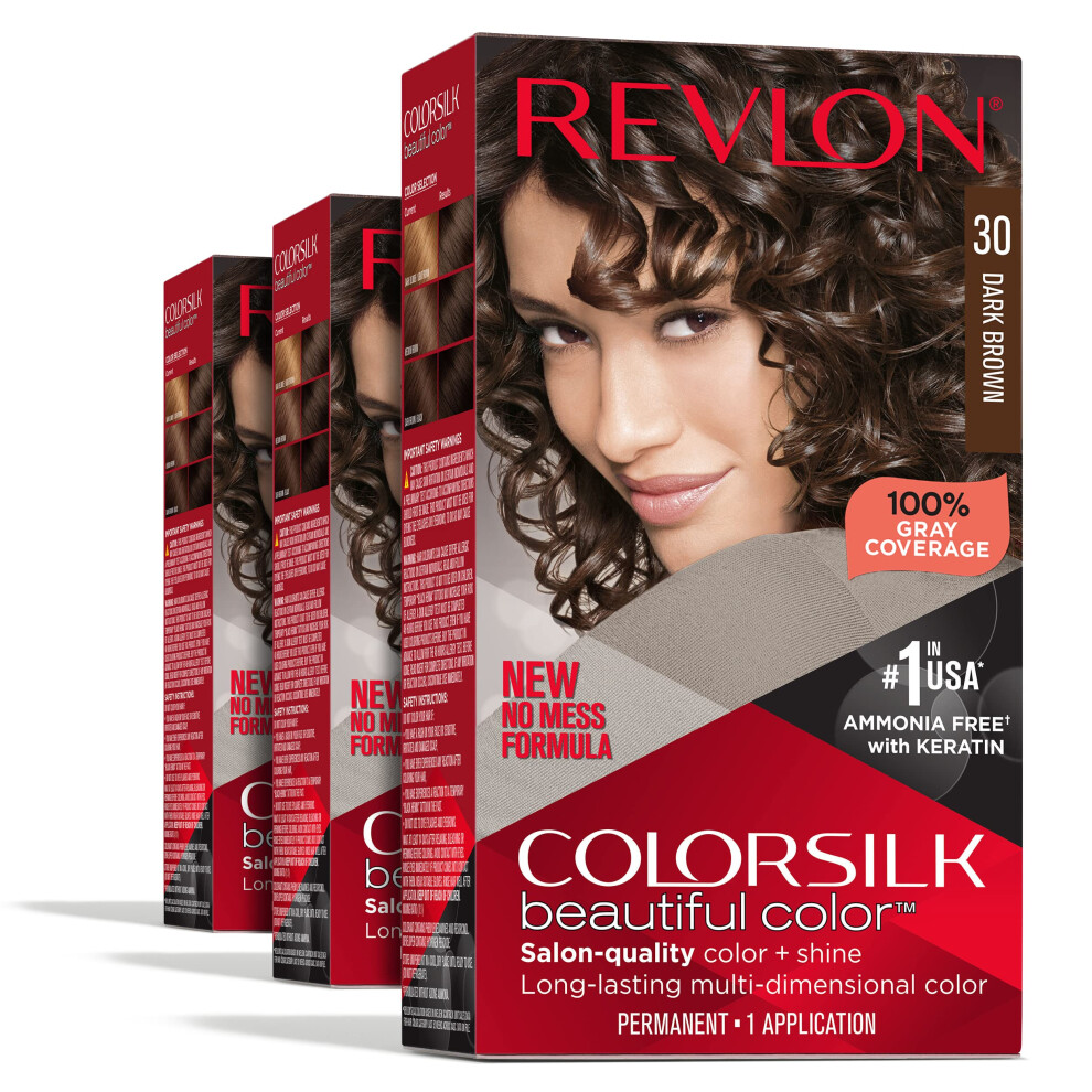 Revlon Permanent Hair Color  Permanent Hair Dye  Colorsilk with 100% Gray Coverage  Ammonia-Free  Keratin and Amino Acids  30 Dark Brown  4.4 Oz (Pack