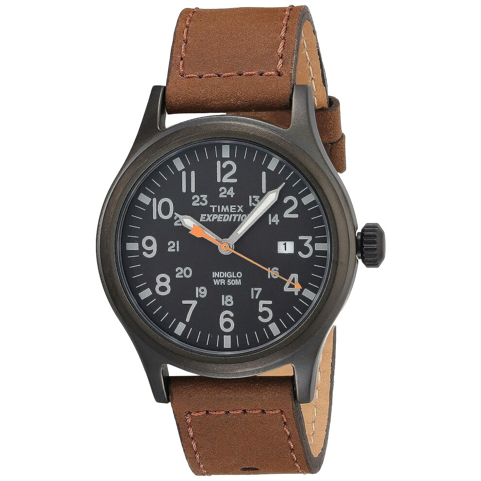 Timex Men's Expedition Scout 40mm Watch - Black Case Black Dial with Brown Leather Strap