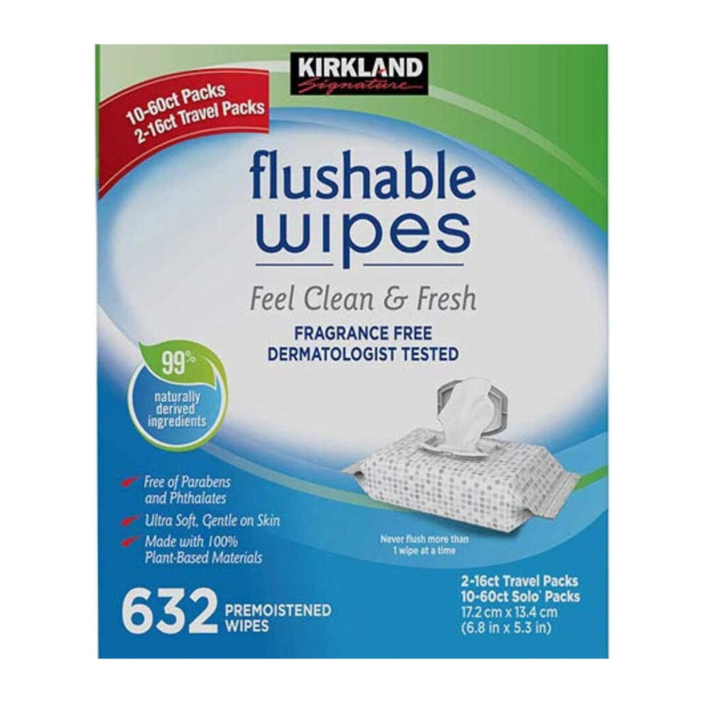 Kirkland Signature Moist Flushable Enhanced Cleansing & Freshness Ultra Soft Hypoallergenic Plant-Based Wipes - 640 Count