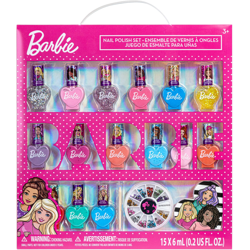 Townley Girl Barbie Movie 18 Piece Set Kids Water-Based Nail Polish Activity Makeup Set Includes Nail Polish With Nail Gems Wheel And Nail File For Parties Sleep