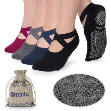 Ozaiic Antislip Sokken voor Yoga Pilates Barre Fitness Ziekenhuis Sokken voor Dames (4 Paar - Zwart/Marineblauw/D.grijs/Bordeauxrood)