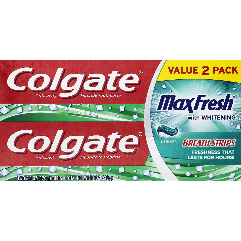 Colgate MaxFresh Clean Mint Toothpaste with Mini Breath Strips  6 oz  (2 Tubes)