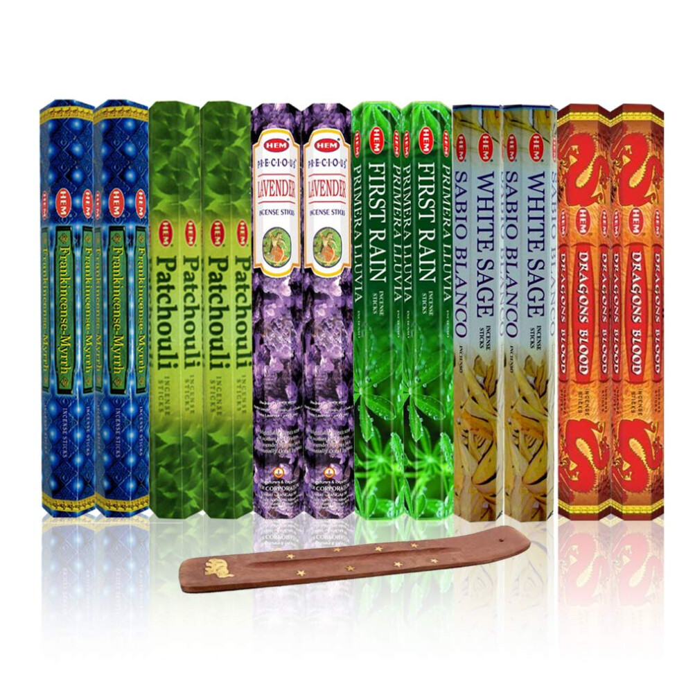 Six Most Popular HEM Incense Scents With Free Burner - 40 Sticks Each of Dragon's Blood  Frankincense & Myrrh  Patchouli  Precious Lavender  First Rai