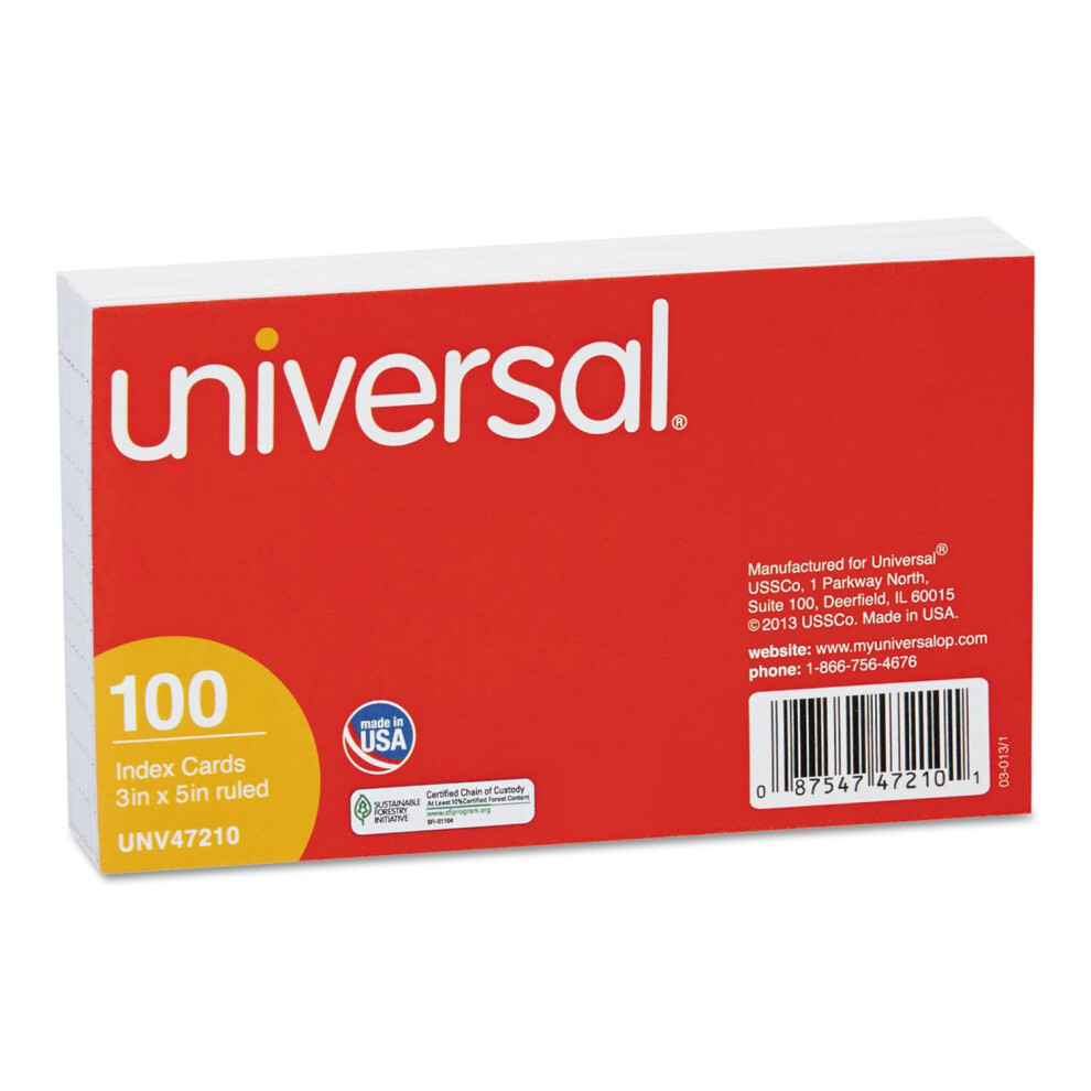 Universal 47210 Ruled Index Cards  3 x 5  White  100/Pack