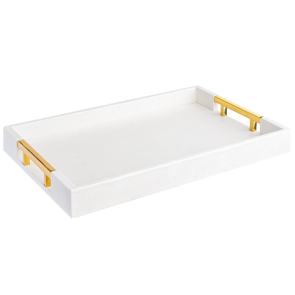 Modern Elegant 18""x12"" Rectangle White Glossy Shagreen Decorative Serving Tray with Gold Polished Metal Handles by Home Redefined for All Occasion's