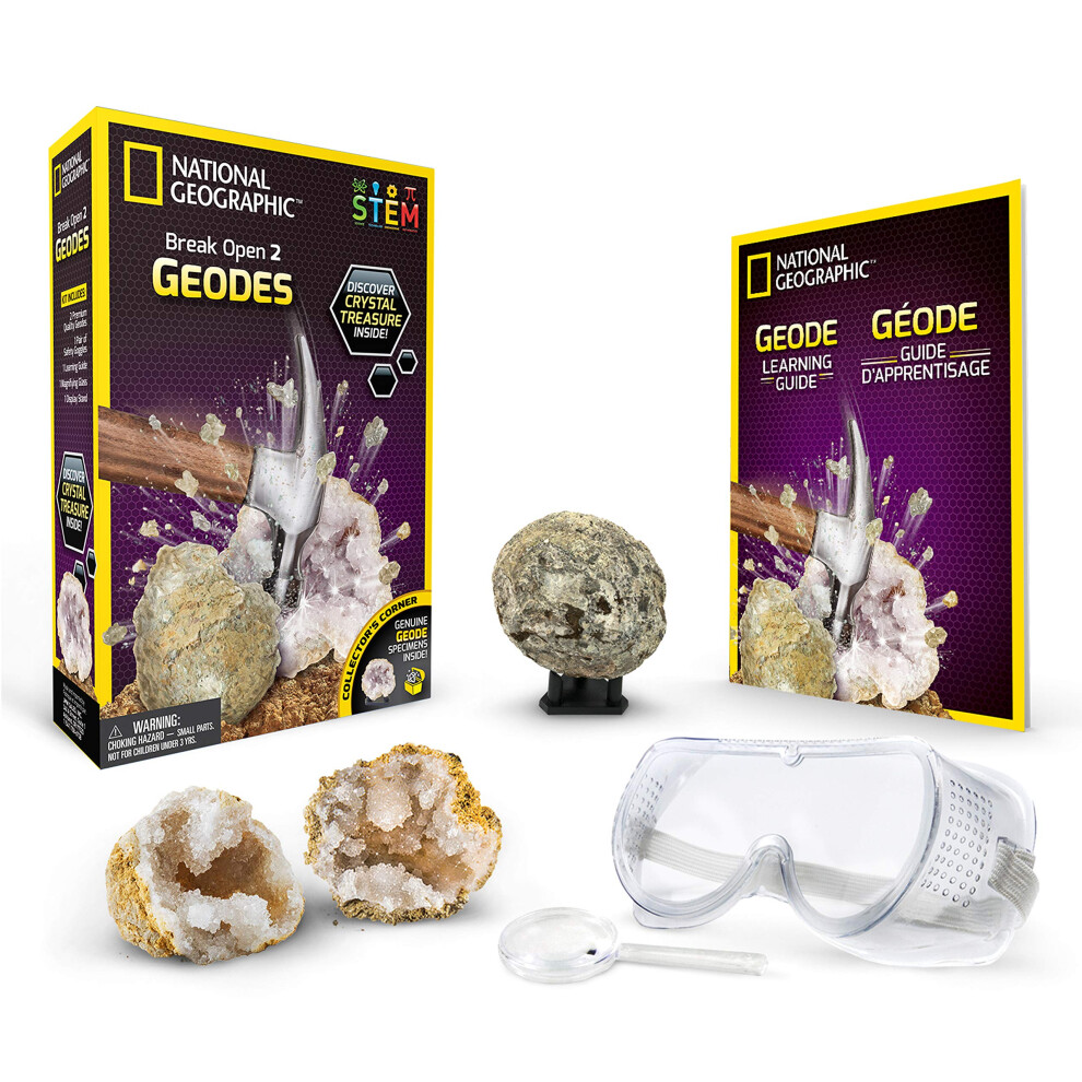 NATIONAL GEOGRAPHIC Break Open 2 Geodes Science Kit - Includes Goggles  Detailed Learning Guide and Display Stand - Great STEM Science gift for Minera