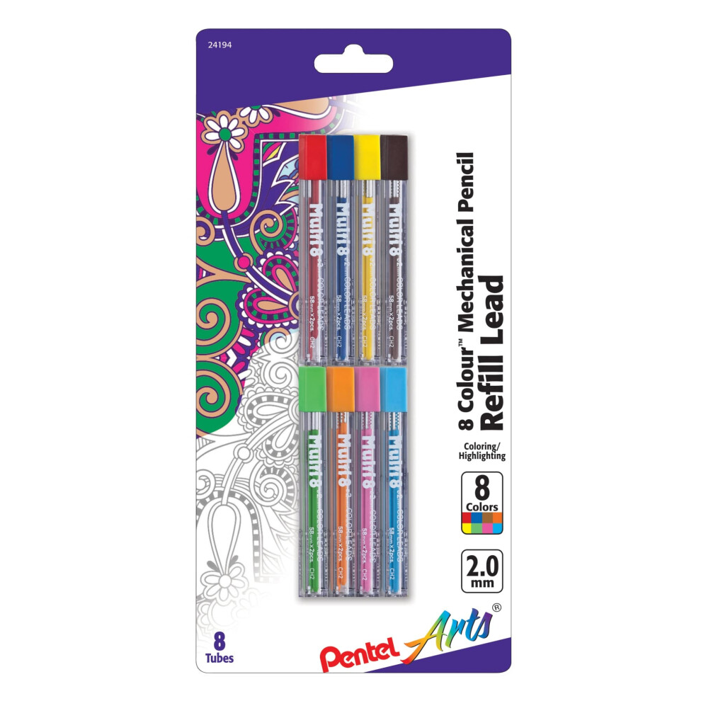 Pentel Arts Lead Pencil Refills  2.0 mm  Assorted Colors  Pack Of 8