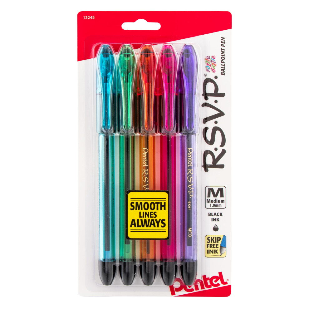 Pentel RSVP Razzle-Dazzle Ballpoint Pen  (1.0mm) Medium Line  Black Ink  Pack of 5 (BK91RDBP5M)