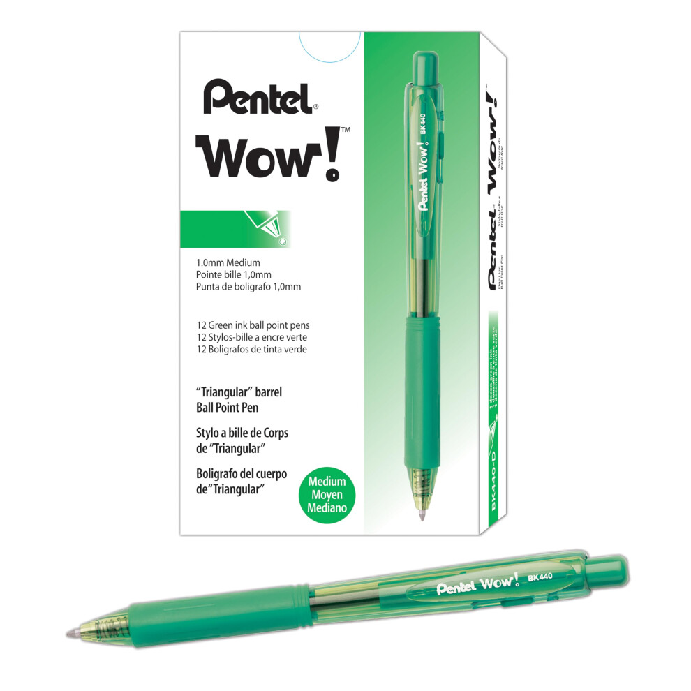 Pentel Wow! Retractable Ballpoint Pens  (1.0mm)  Medium Line  Green Ink  Box of 12 (BK440-D)