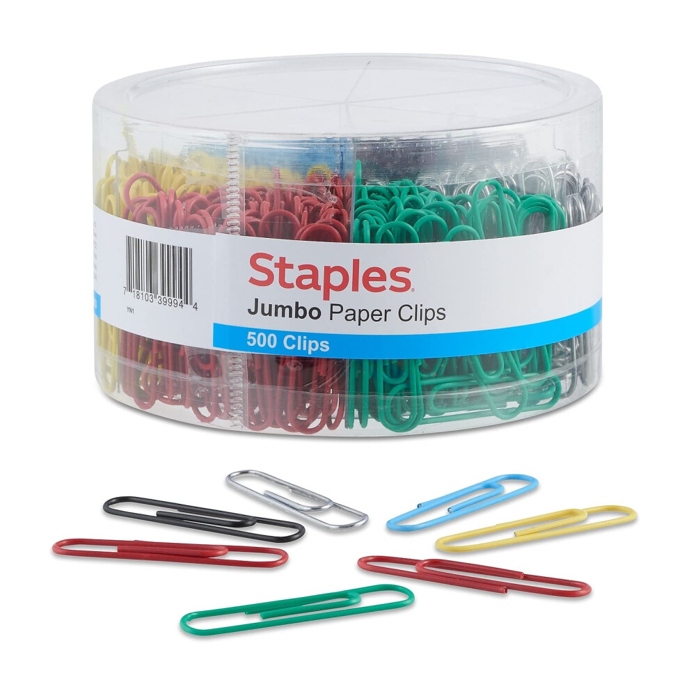 Staples 480109 Jumbo Vinyl Coated Paper Clips Smooth 500/Tub