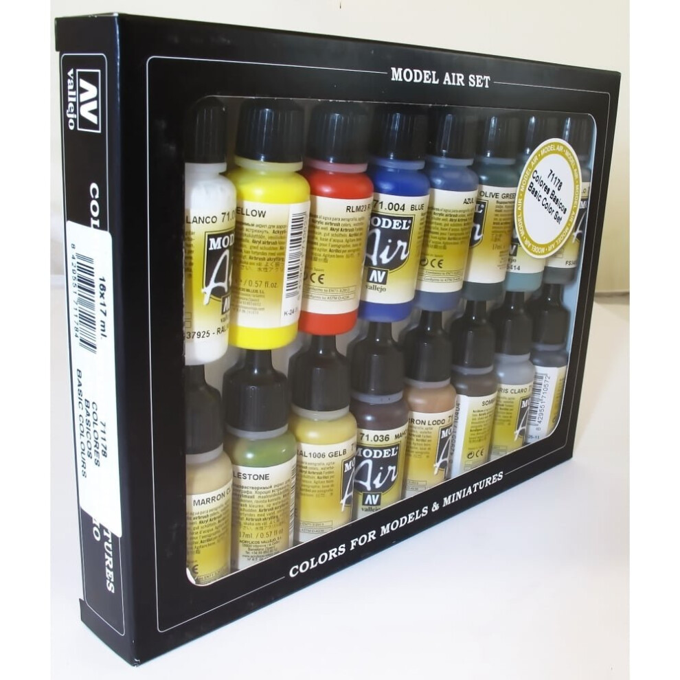 Vallejo Basic Colors: Acrylic 16 Airbrush Paint Set for Model & Hobby 71178  Black  0.57 Fl Oz (Pack of 16)