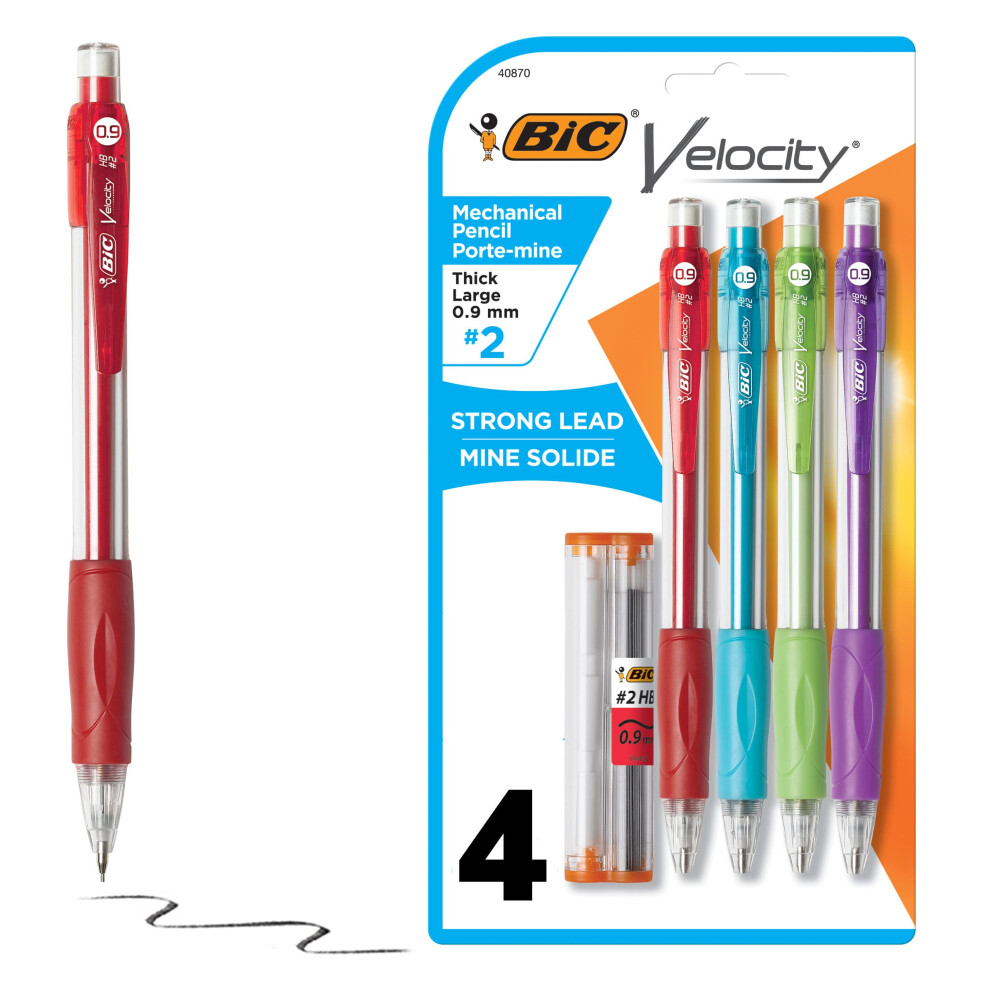 BIC Velocity Strong Lead Mechanical Pencils  With Colorful Barrel  Thick Point (0.9mm)  4-Count Pack Mechanical Pencils With Erasers