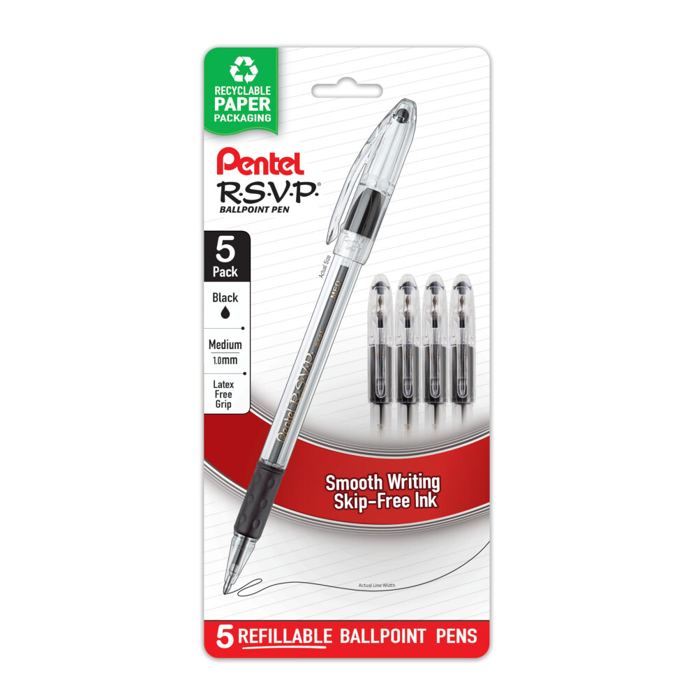 Pentel RSVP Ballpoint Pen  (1.0mm)  Medium Line  Black Ink  Pack of 5 (BK91BP5A)