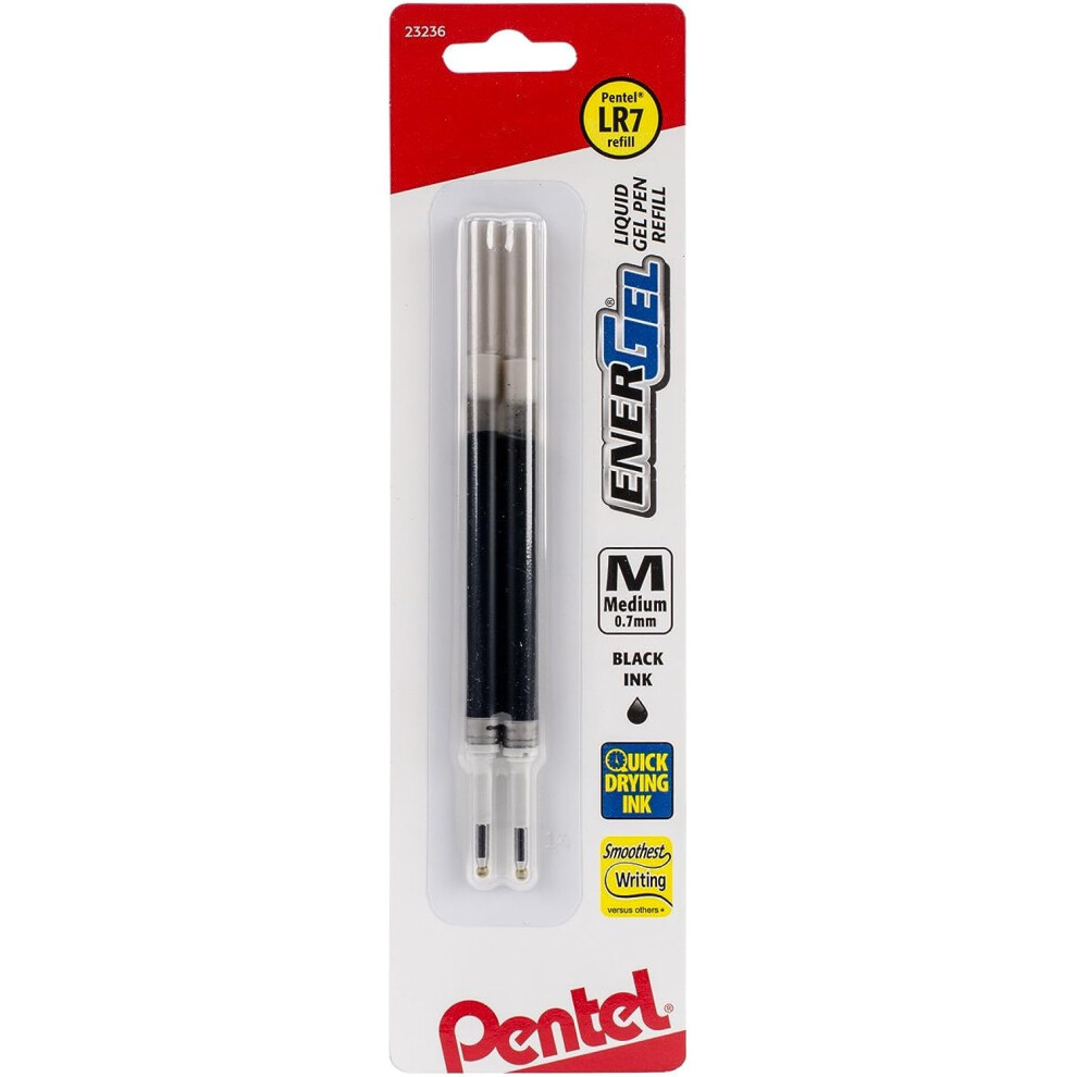 Pentel Refill Ink For EnerGel and Lancelot Gel Pen  (0.7mm)  Metal Tip  Black Ink  2 Pack (LR7BP2A)