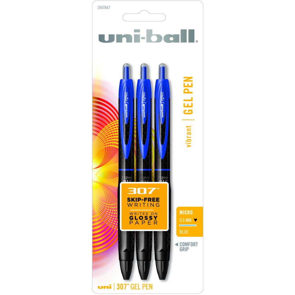 uni-ball 307 Retractable Gel Pens  Micro Point (0.5mm)  Blue  3 Count