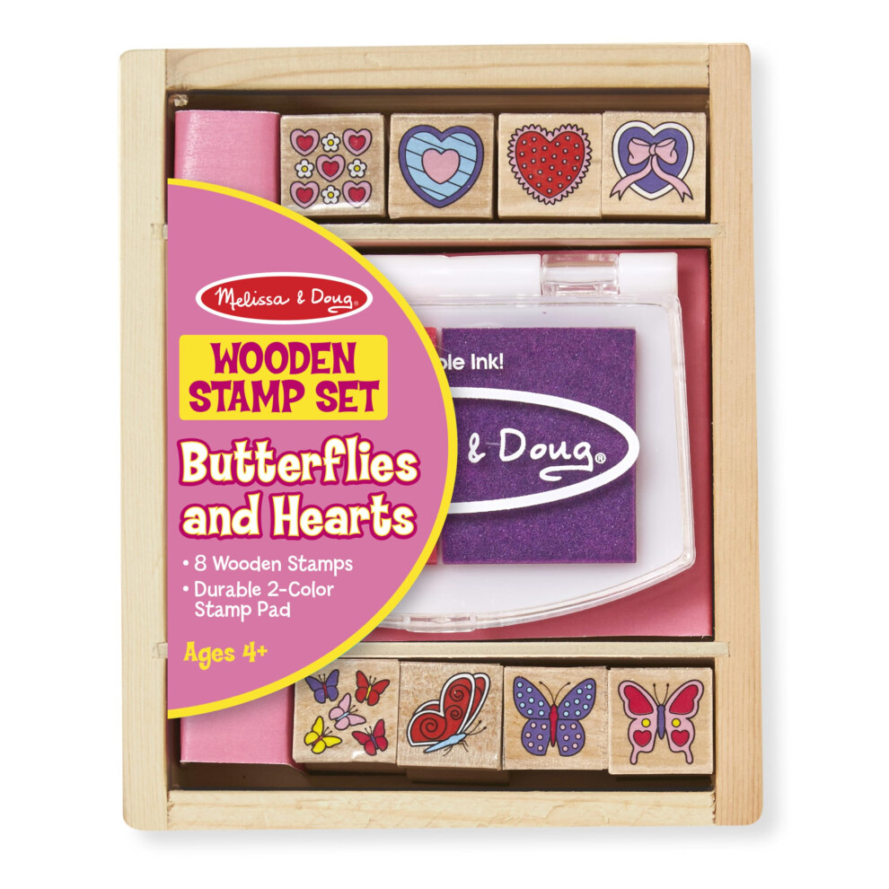 Melissa & Doug Butterfly and Heart Wooden Stamp Set: 8 Stamps and 2-Color Stamp Pad