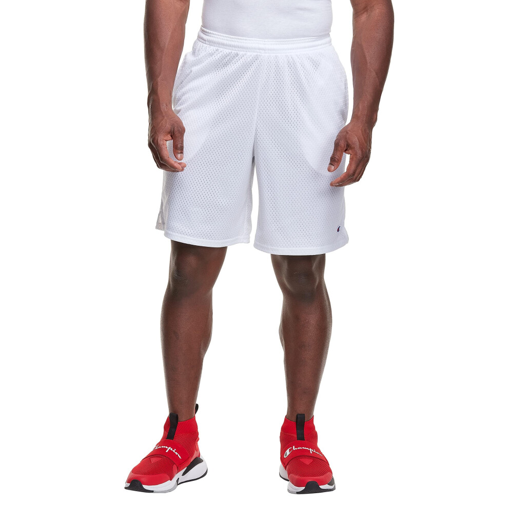 Champion mens 9"" Shorts  Mesh Shorts  9""  Mesh Basketball Shorts  Mesh Gym running shorts  White-407q88  Large US