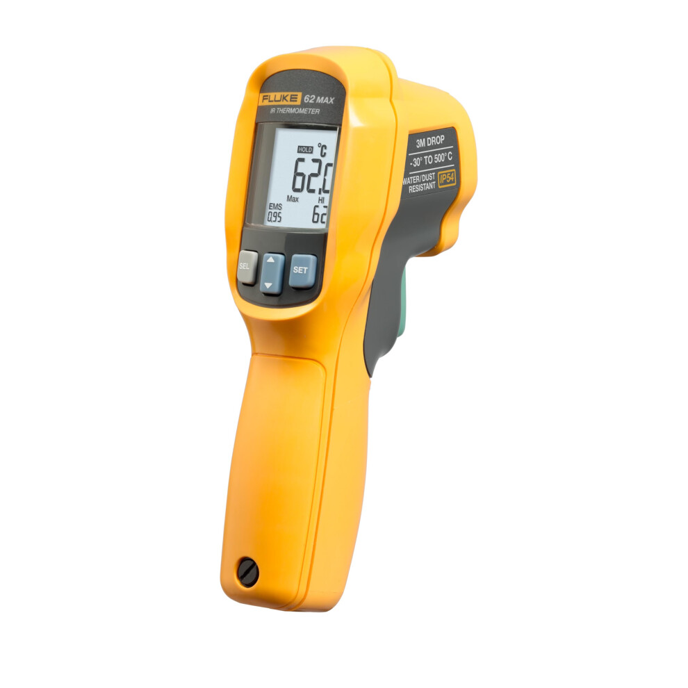 Fluke 62 Max Industrial Infrared Thermometer  -22 to +932 Degree F Range  Single Laser Targeting  10:1 Distance To Spot Ratio  IP54 Rating  Includes 3