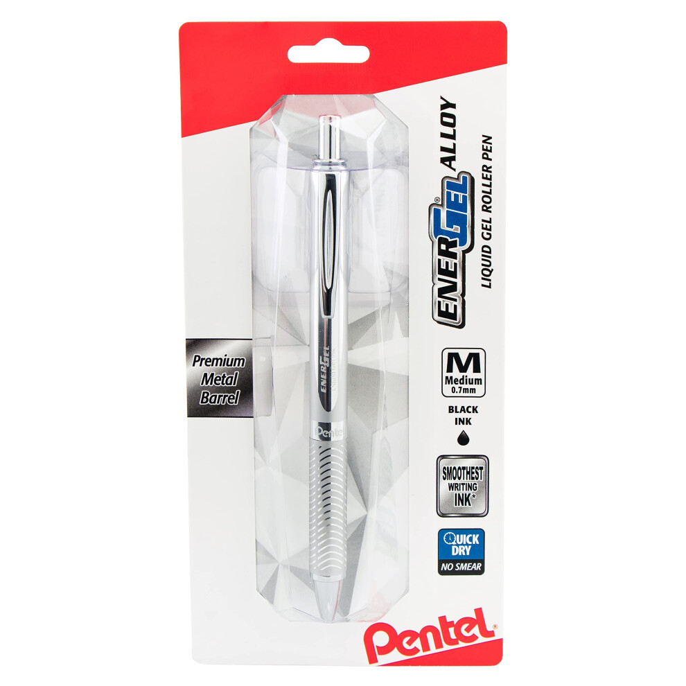 Pentel Energel Alloy Retractable Liquid Gel Pen  (0.7mm) Medium Line  Silver Barrel  Black Ink  1 Pack (BL407BP)