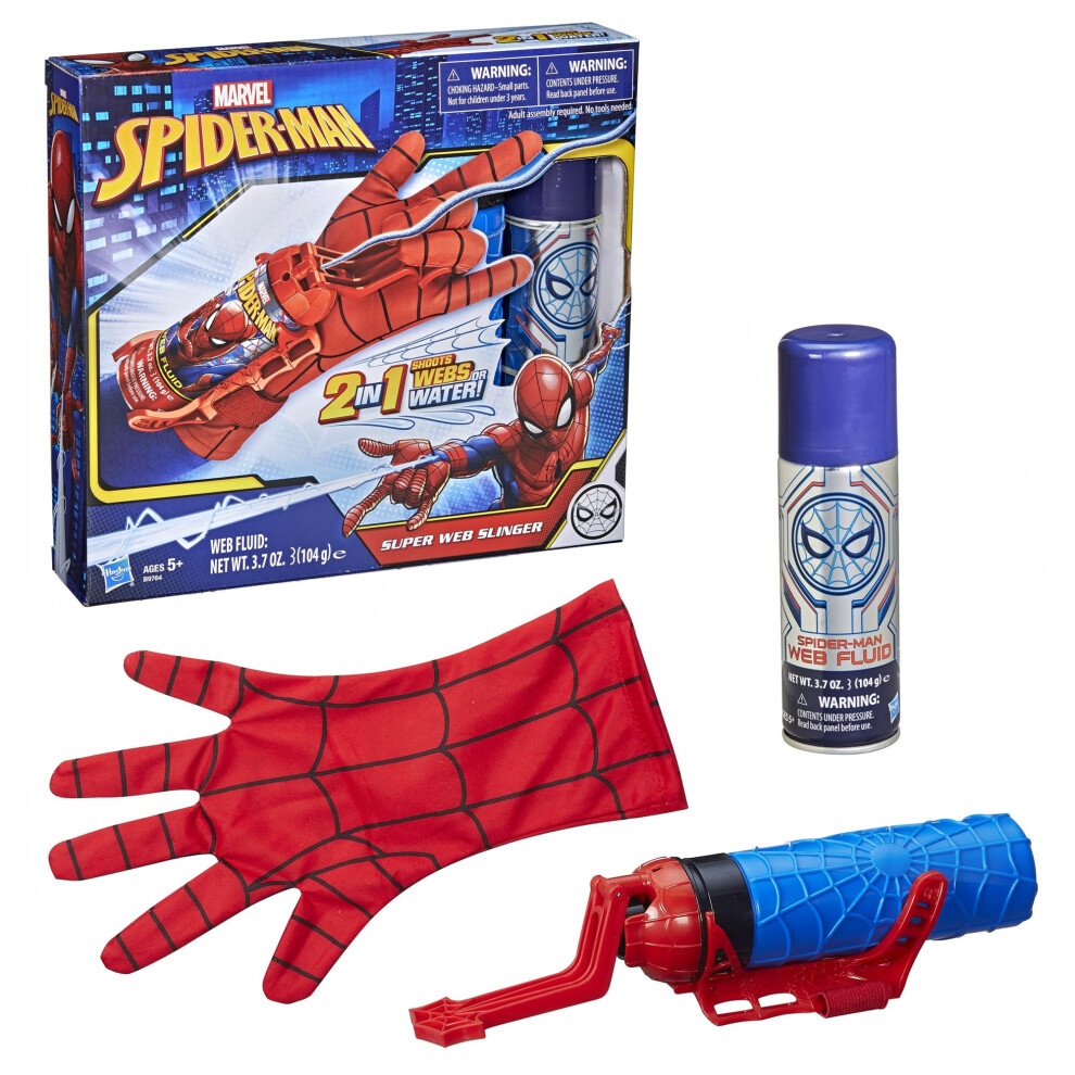 Marvel Spider-Man Super Web Slinger  2-In-1 Shoots Webs or Water  Web Shooter  Super Hero Costume Toys  Kids Halloween Gifts Set  Ages 5+