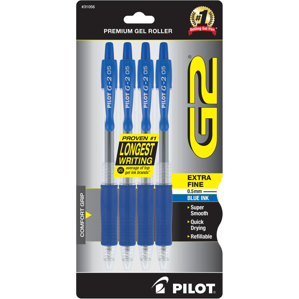 PILOT G2 Retractable Premium Gel Ink Roller Ball Pens  Extra Fine Point  4-Pack  Blue Ink (31056)