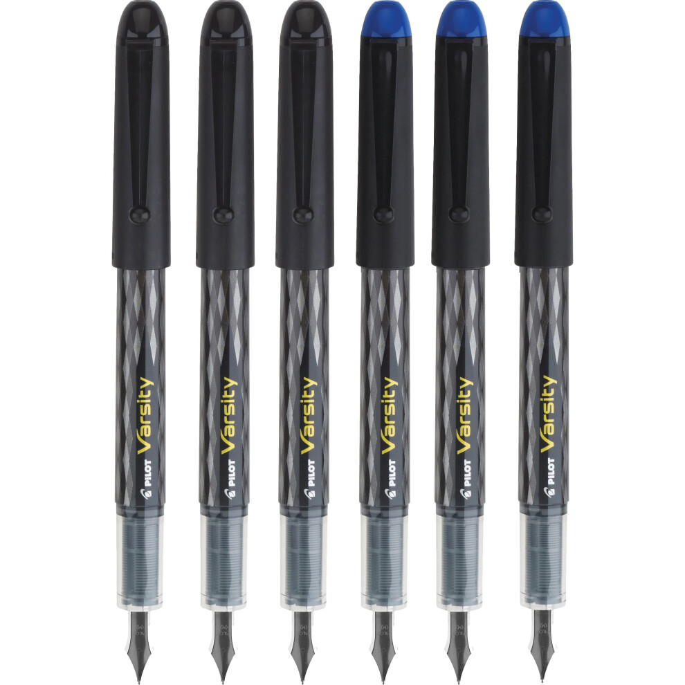 Pilot Varsity Disposable Fountain 6 Pack Combo  3 Black and 3 Blue Pens