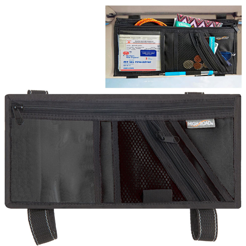 High Road Car Visor Organizer With Secure Zip Pockets Sunglasses Holder And Clear Registration And Insurance Pocket - Heavy Duty Straps Fit Most Car 088838007101