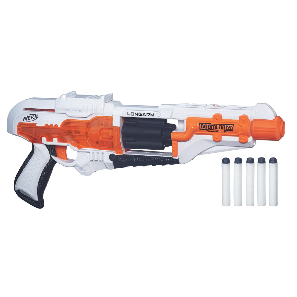 NERF Longarm Doomlands Toy Blaster with Flip-Open Drum and 5 Official Nerf Doomlands Elite Darts for Kids  Teens  and Adults